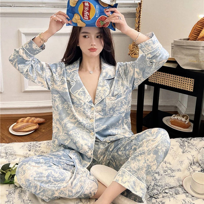 2023 Autumn New Ice Silk Women Pajama Lapel Button Cardigan Outfits for Women 2 Piece Set Fashion Printing Set Clothes for Women