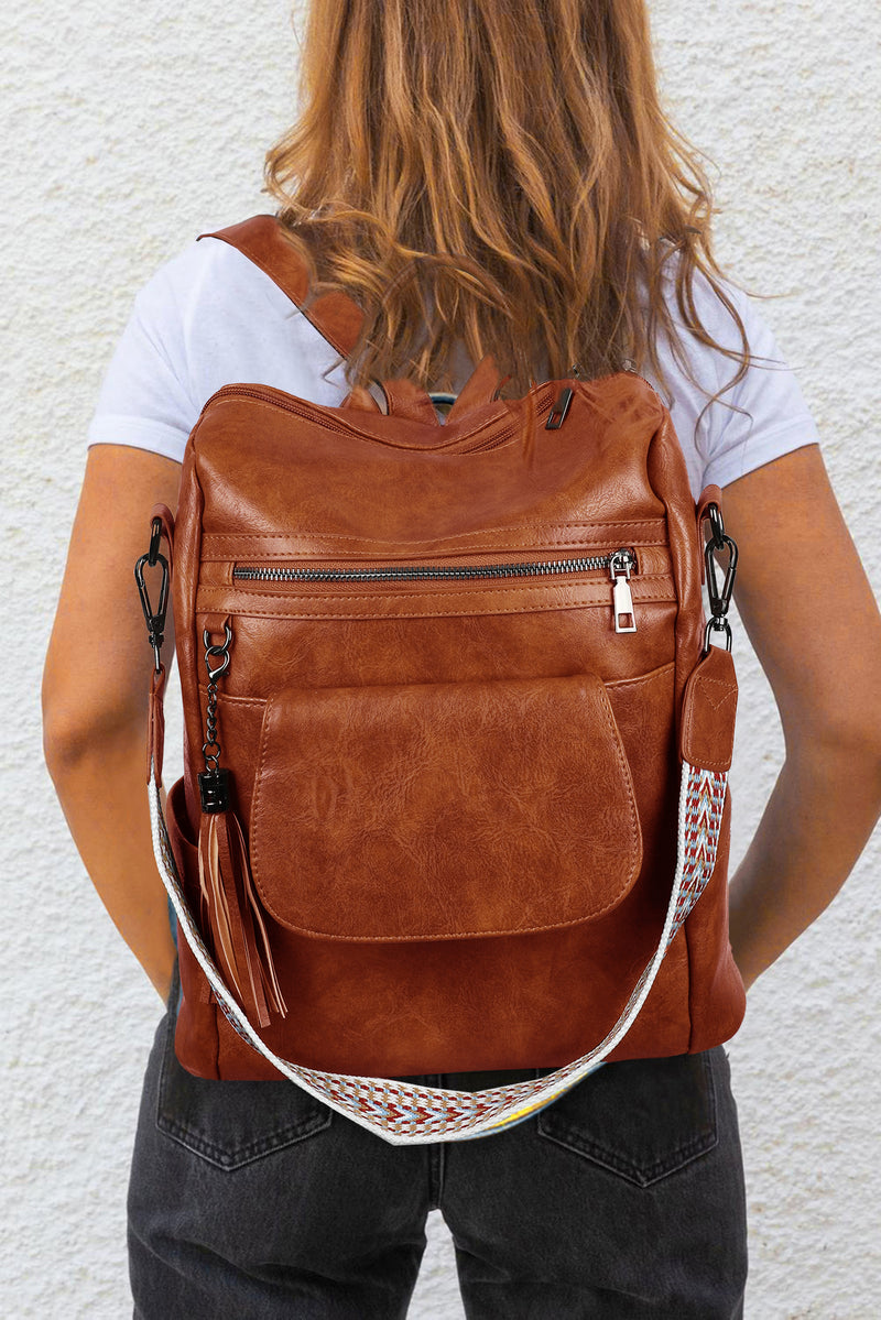 Brown Tassel Decor Retro PU Large Capacity Backpack