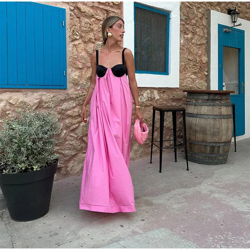 Fashion High Waist Patchwork Loose Sling Robes Women Backless Sleeveless Maxi Dress Fashion Casual Vacation Party Long Dresses