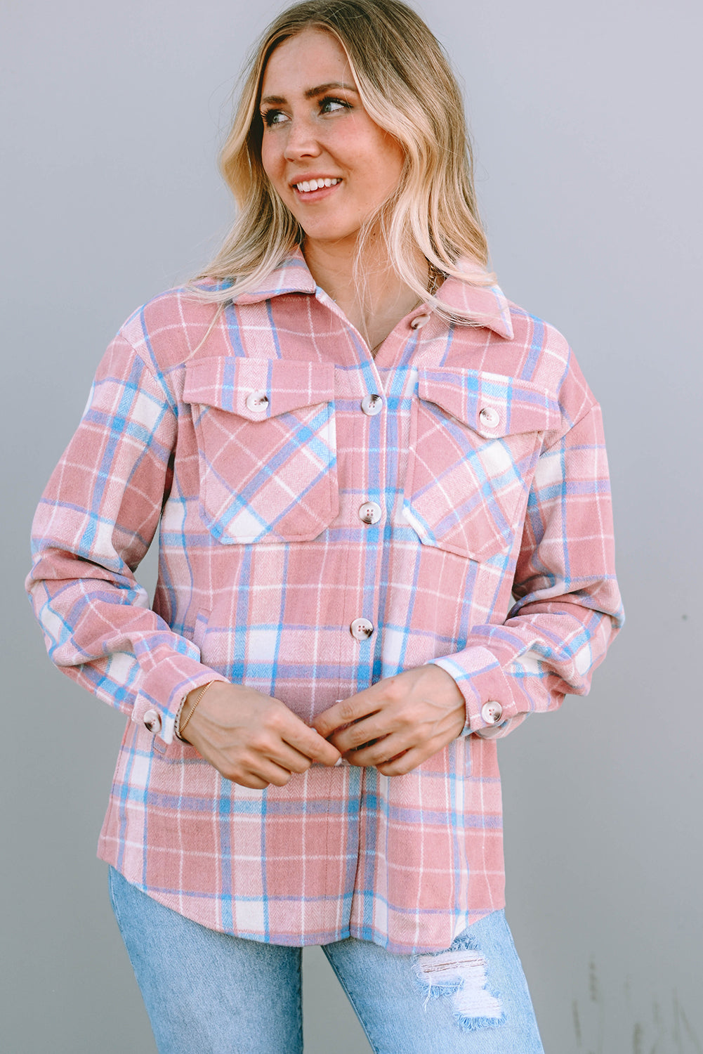 Pink Plaid Flap Pocket Flannel Shacket