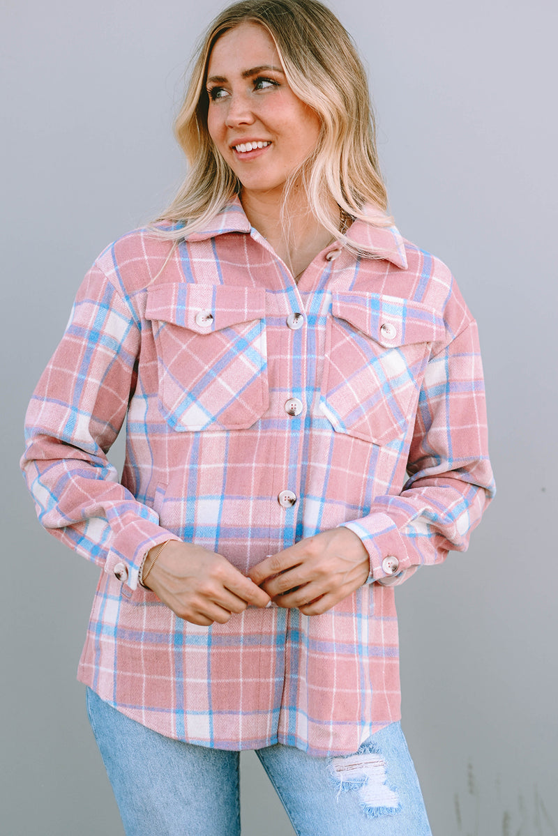 Pink Plaid Flap Pocket Flannel Shacket