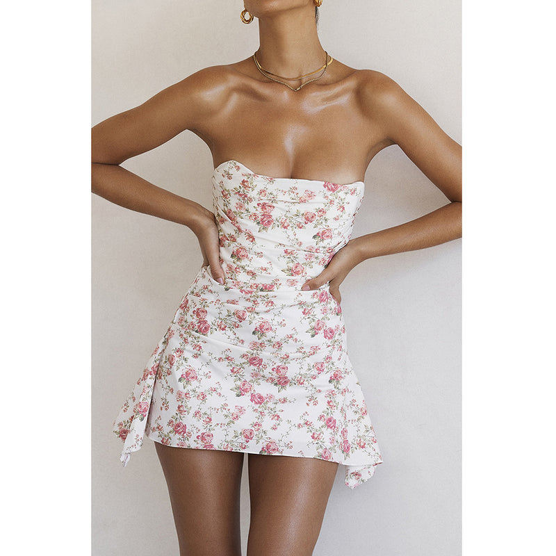 Floral Printing Satin Dress Sexy Bodycon Night Birthday Party Dresses Strapless Ruched Mini Holiday Women Dress 2022 Summer