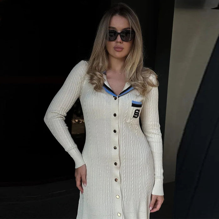 Contrast Knitted Dress Women Elegant Embroidery Lapel Long Sleeve Midi Dresses 2024 Autumn Winter Casual Single Breasted Vestido