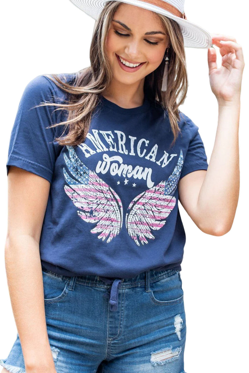 Blue American Woman Flag Eagle Wing Graphic Tee