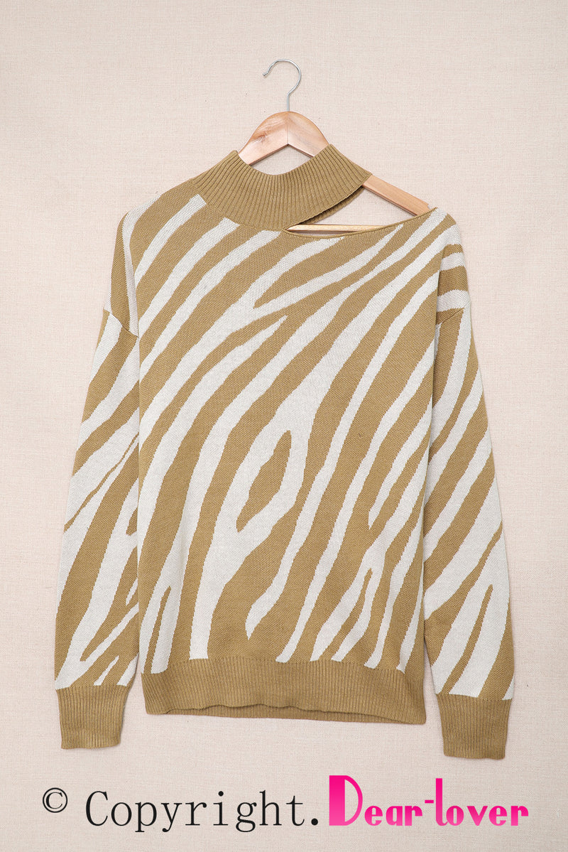 Khaki Zebra Print Mock Neck Cold Shoulder Sweater