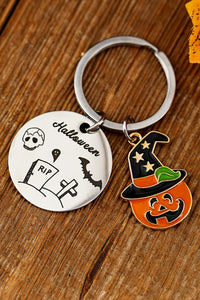 Orange Halloween Witch Skull Stainless Steel Keychain