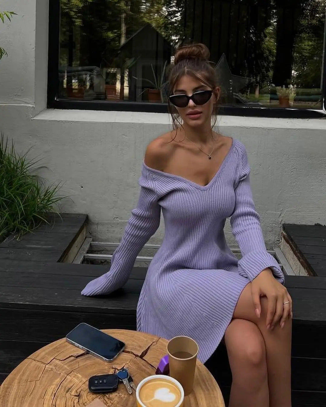 Talenza Knitted Off Shoulder V Neck Mini Dress Women's Sexy High Waist Long Sleeve Dress White Knitted Sweater Dress Robe Women