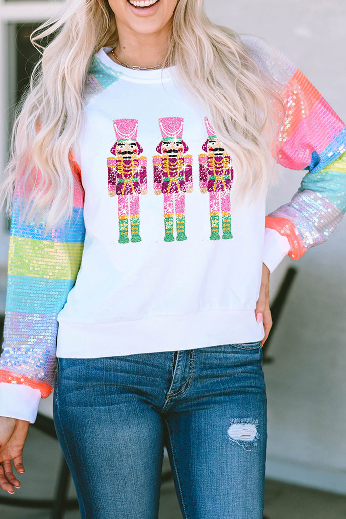 White Sequin Colorblock Sleeve Nutcracker Graphic Sweatshirt