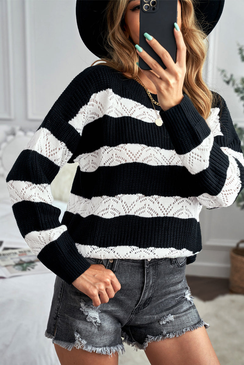 White Striped Colorblock Knit Sweater