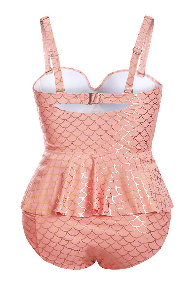 Pink Plus Size Halter Neck Peplum Tankini