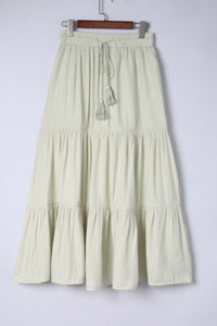 Green Drawstring High Waist Tiered Long Skirt