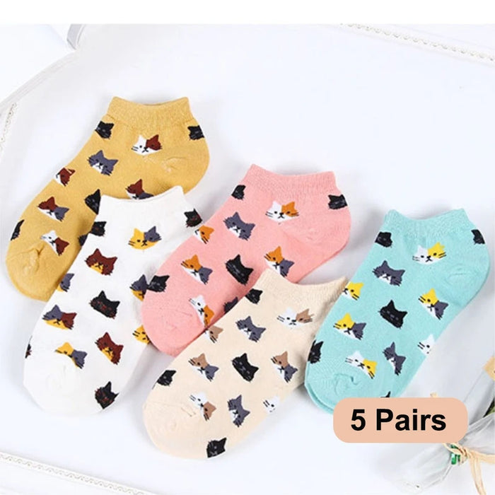 5Pairs New Women Cotton Ankle Socks Cute Cat Colorful Funny Socks Casual Animal Fruit Cake Cartoon Socks For Girls