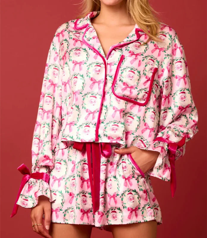 2024 Christmas Pajamas for Women Bow Tie Long Sleeve Shirt Shorts Satin Silk Funny Graphic 2 Piece Pjs Set Sleepwear