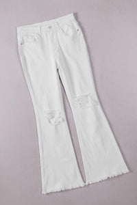 White Distressed Hollow-out Knee Frayed Flare Jeans