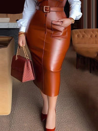 Womens Shirt Collar Dresses New Autumn Buttons Long Sleeve PU Leather Patchwork Pocket Skinny Belted Lapel Female Midi Dress