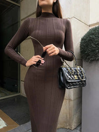 2024 Autumn Winter New Women Knitted Long Sleeved Sweater Dress Sexy High Neck Slim Fit Striped Fashionable Sweater Outwear