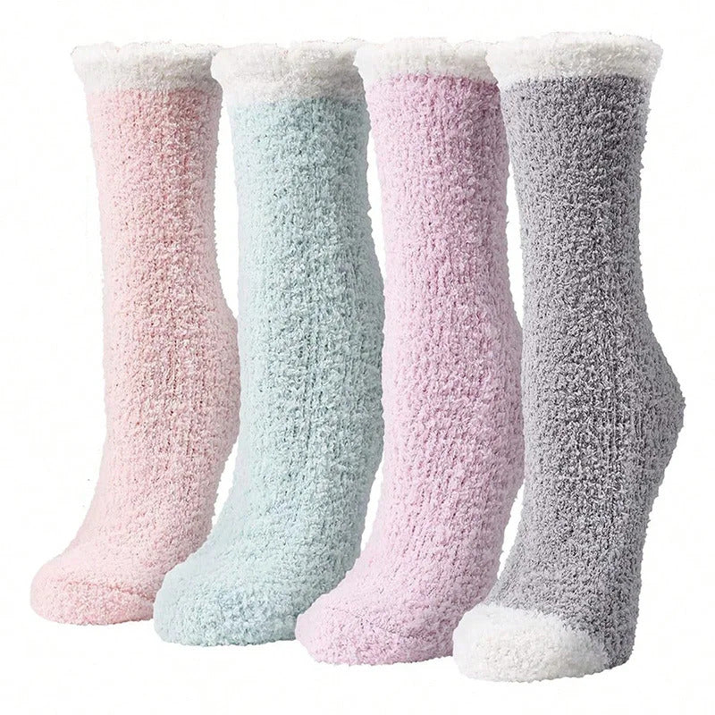 4 Pairs Women Winter Warm Fuzzy Socks Thick Thermal Solid Soft Fluffy Socks Cute Fashion Slipper Home Floor Sleeping Socks