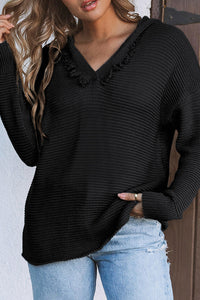 Black V Neck Ribbed Drop Shoulder Hooded Sweater