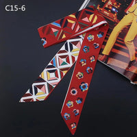 2024 Spring Border New Geometric Diamond Small Flowers Women's Decorative Small Silk Scarf Bundle Bag Handle Ribbon Small Scarf