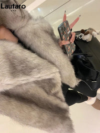 Lautaro Autumn Winter Oversized Loose Casual Luxury Soft Thick Warm Hairy Faux Fox Fur Coat Women Long Sleeve Fluffy Jacket 2024