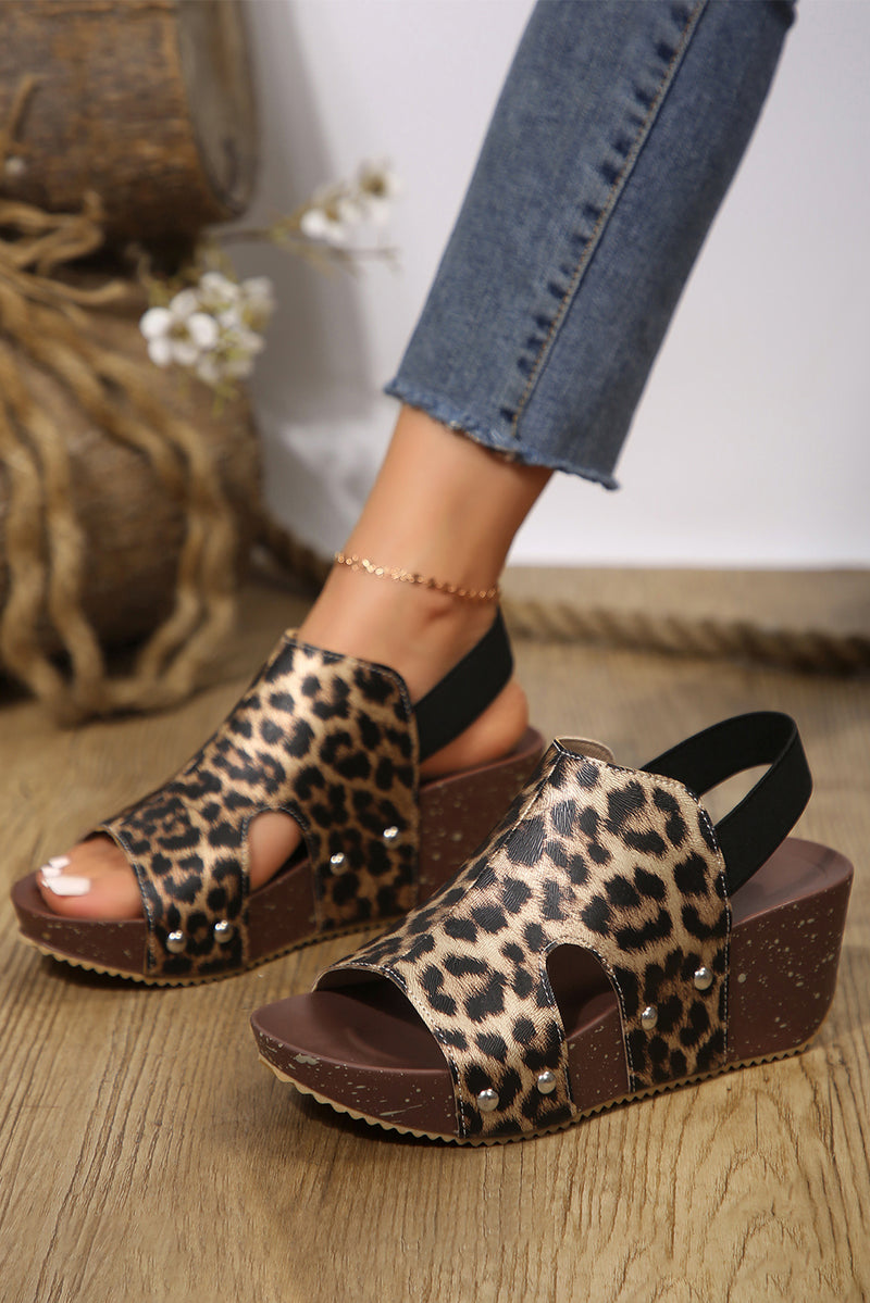 Chestnut Leopard Print Hollow Out Wedge Sandals