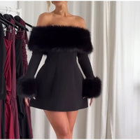 2024 Winter Black Strapless Fluff Sexy Dress For Women's Robes Elegant Evening Party Dress Bodycon Mini Autumn Dresses Vestidos