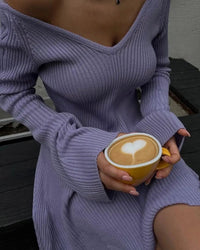 Talenza Knitted Off Shoulder V Neck Mini Dress Women's Sexy High Waist Long Sleeve Dress White Knitted Sweater Dress Robe Women