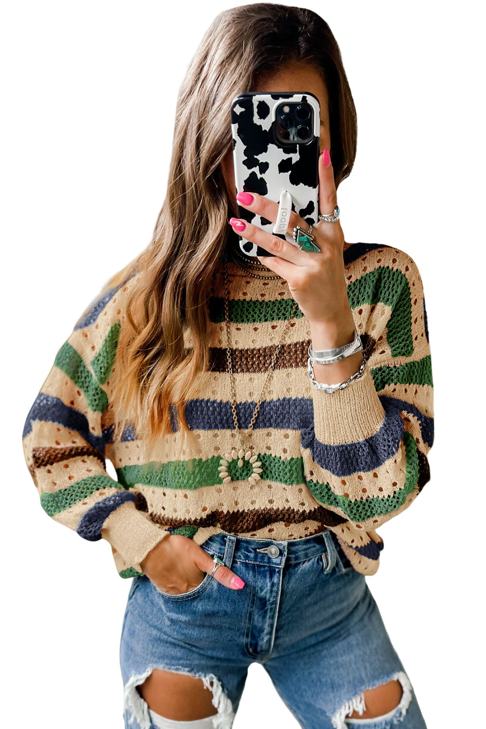 Tan Striped Hollowed Knitted Loose Sweater