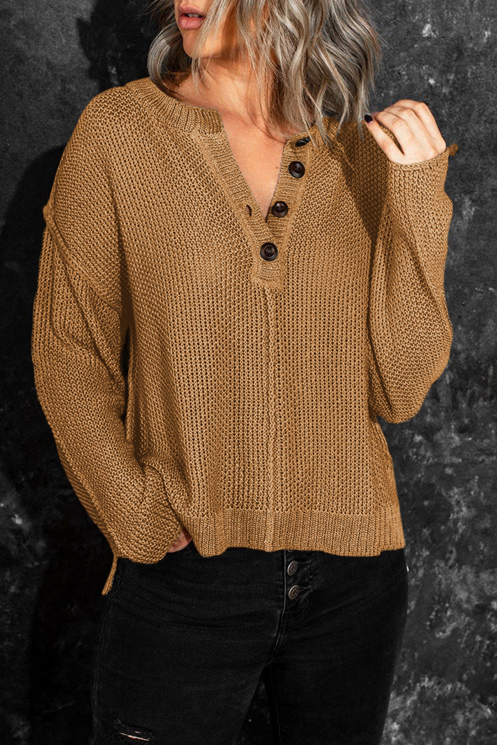 Buttoned Side Split Knit Sweater