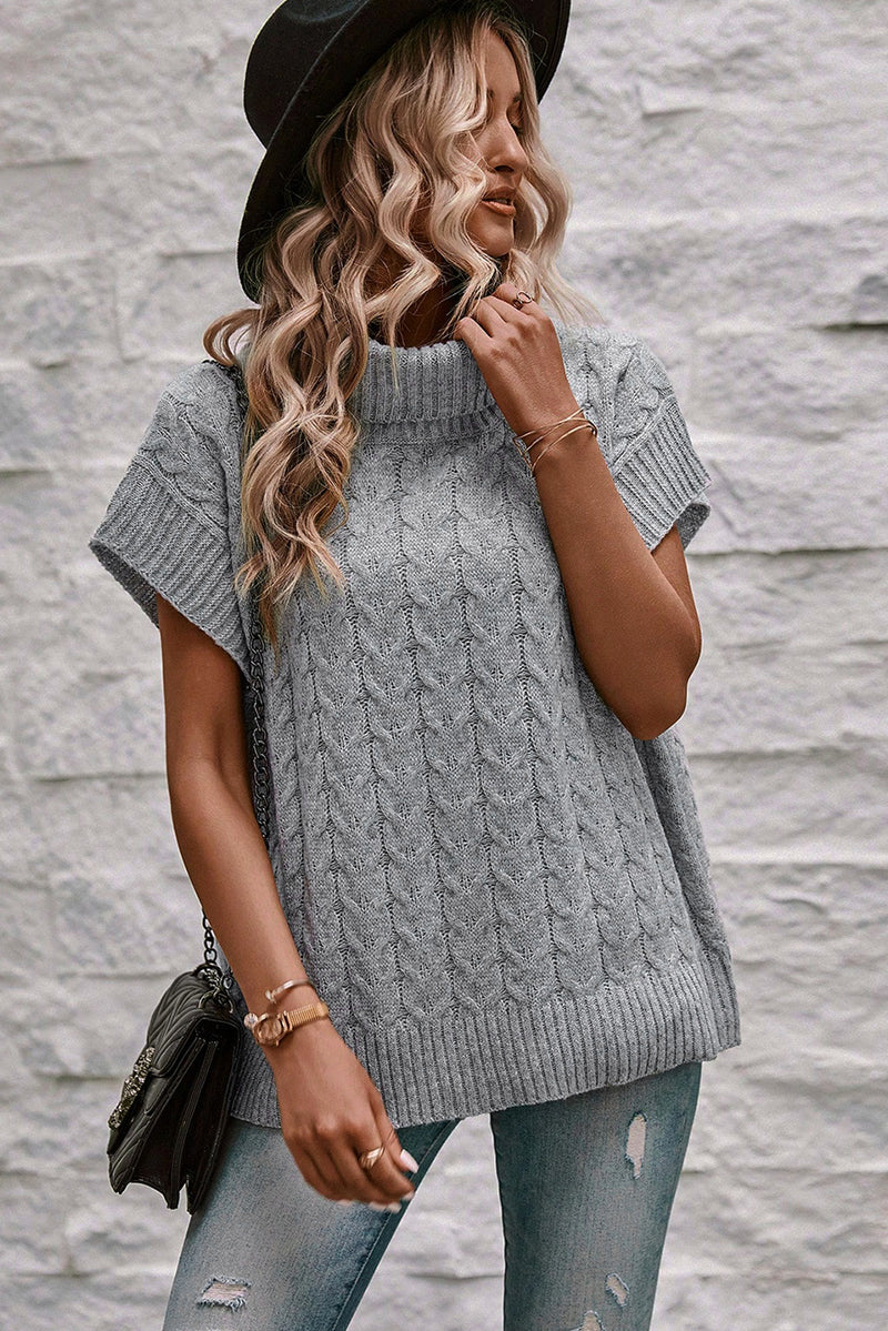 Medium Grey Cable Knit Turtleneck Batwing Sleeve Sweater