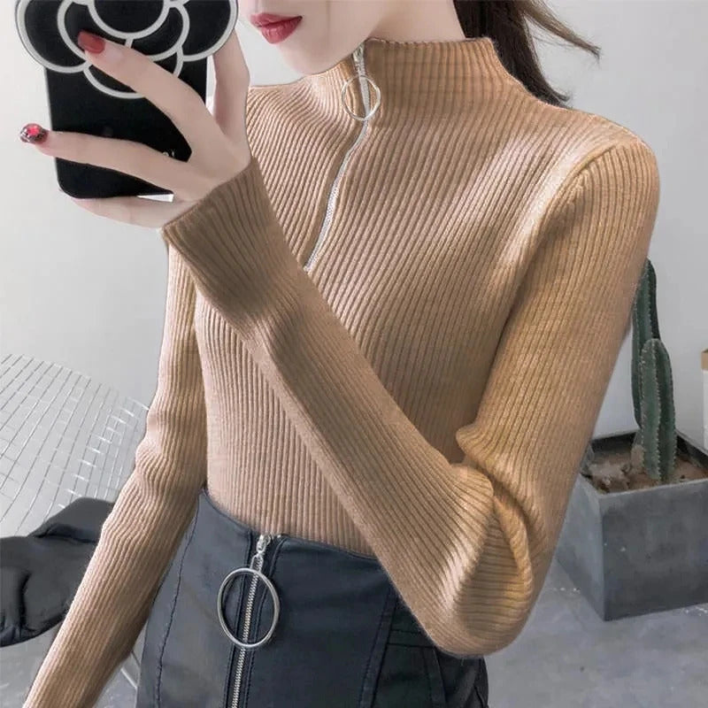 Knitted Women Zipper Half High Neck Sweater Pullovers Autumn Winter Basic Women Sweaters Slim Solid Knitwear Pull Femme Tops