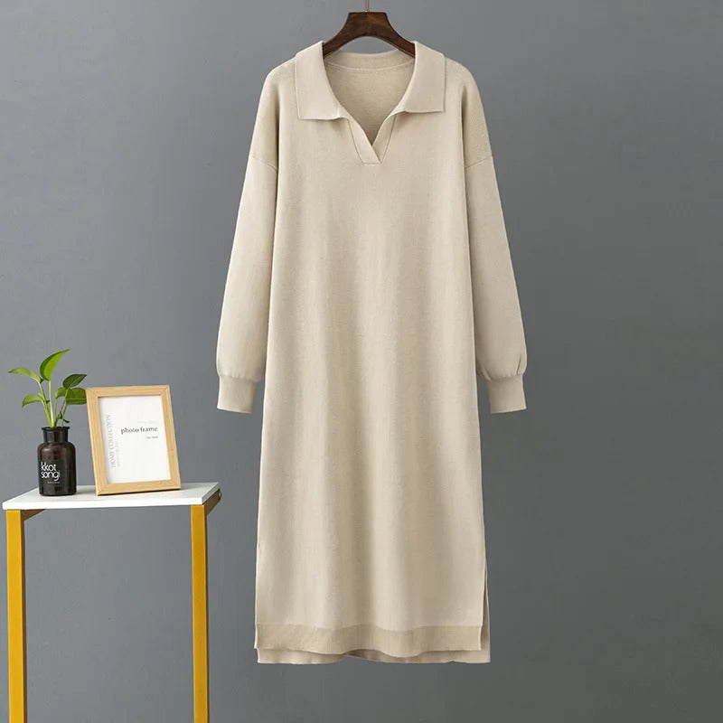 HLBCBG New Straight Autumn Winter Long Sweater Dress Women Split Side Long POLO Neck Maix Sweater Dress Female Basic Loose Dress