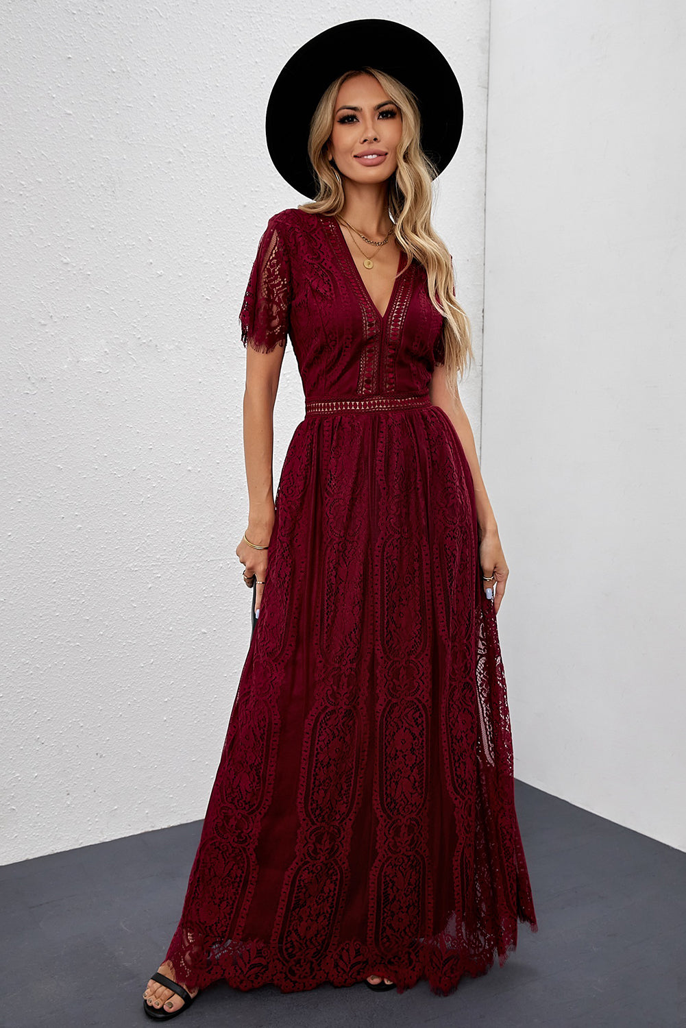 Fiery Red Blue Fill Your Heart Lace Maxi Dress