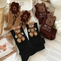 3 Pairs Women Cartoon Bear Mid Tube Socks Fashionable Cute Three-Dimensional Printed Letter Socks Soft Comfortable Casual Socks