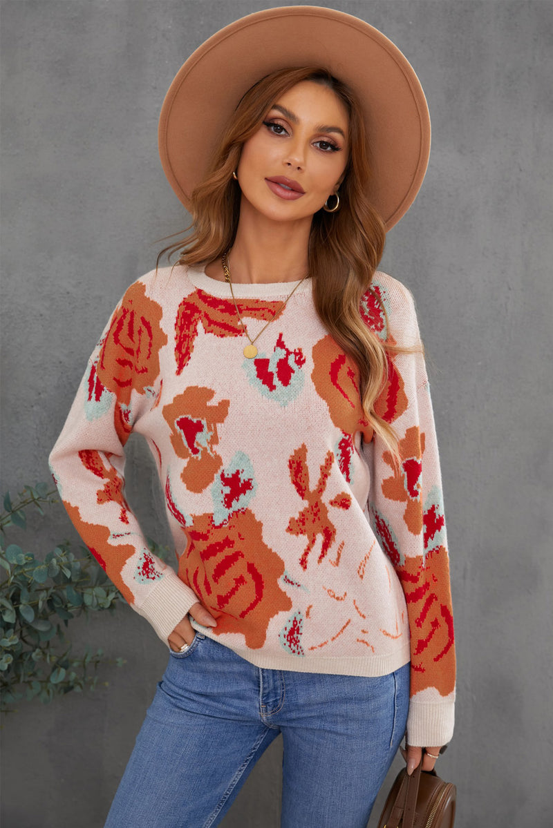 Floral Pattern Drop Shoulder Crew Neck Sweater