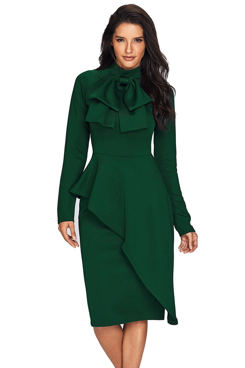 Jade Green Asymmetric Peplum Style Pussy Bow Dress