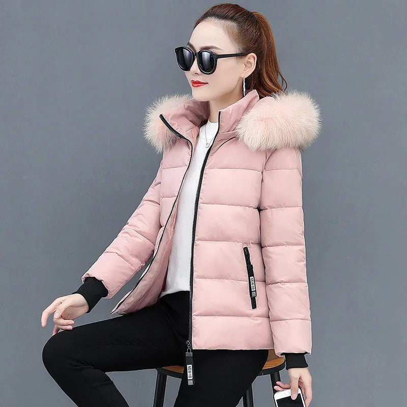 Zipper Fur Hooded Short Down Cotton Jacket Thickened Coat Fall Winter Casual Elegant Long Sleeve Warm Pockets Women Clothing New