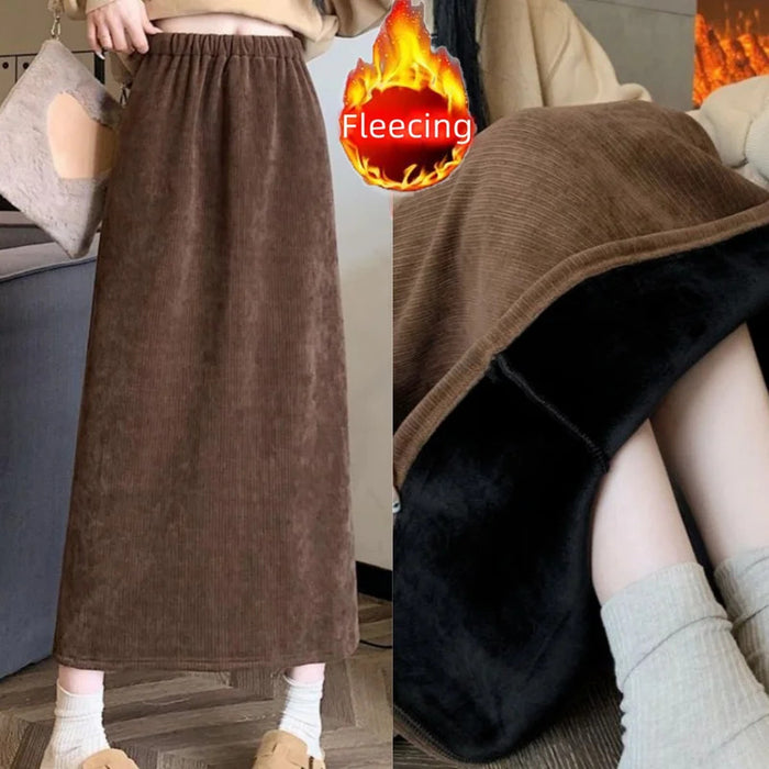 Vintage Elegant Office Lady's A-Line Skirt Back Slit Elastic Waist Thick Women's Skirt New In Winter Fleece Warm Female's Skirt