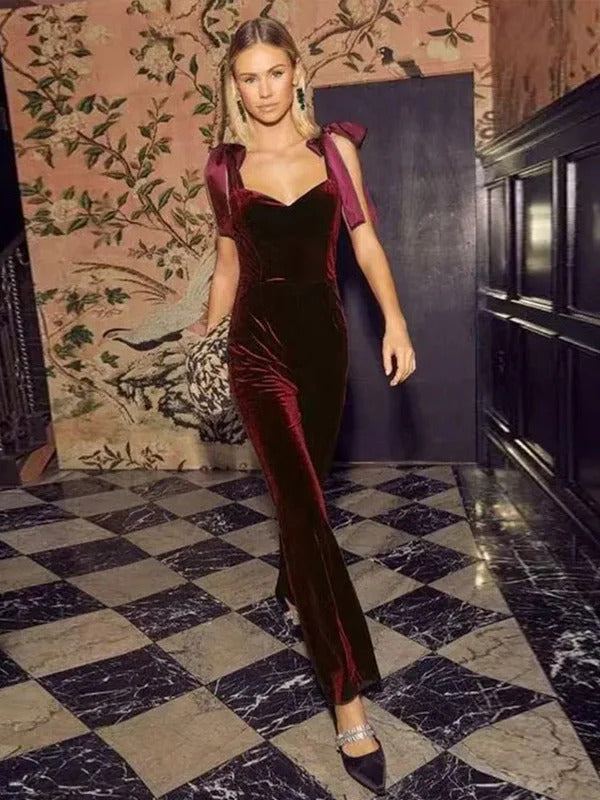 Fashion Velvet Sling Bow Solid Women Jumpsuit Chic V Neck High Waist Female Jumpsuits 2024 Elegant Office Lady Wide Leg Leotard