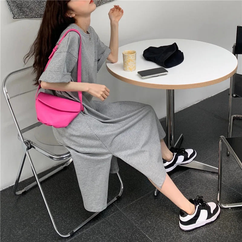 1 Piece plus Size WOMEN'S Loose Split Knee-length T-shirt Dress Casual Simple Fashionable Letter Print Nightgowns