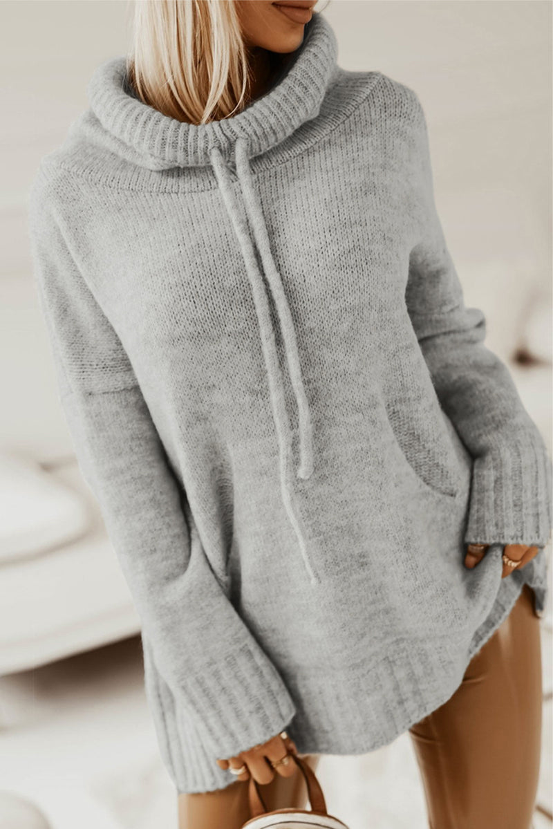 Brown Cowl Neck Drawstring Pullover Hooded Sweater