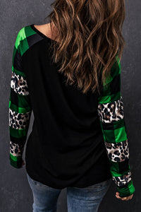 Green Lucky Clover Graphic Leopard Plaid Long Sleeve Top