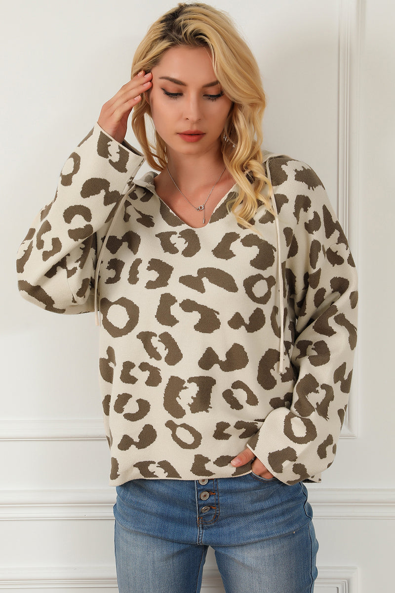 Leopard Drawstring Hooded Pullover Sweater