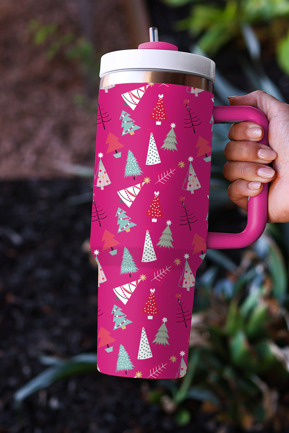 Rose Red Cartoon Christmas Tree Printed Thermos Cup