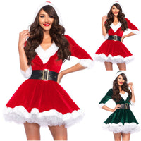 Women's Mrs Claus Costume Christmas Santa Dress Red Velvet Off Shoulder A-Line Mini Dress Cosplay Outfit