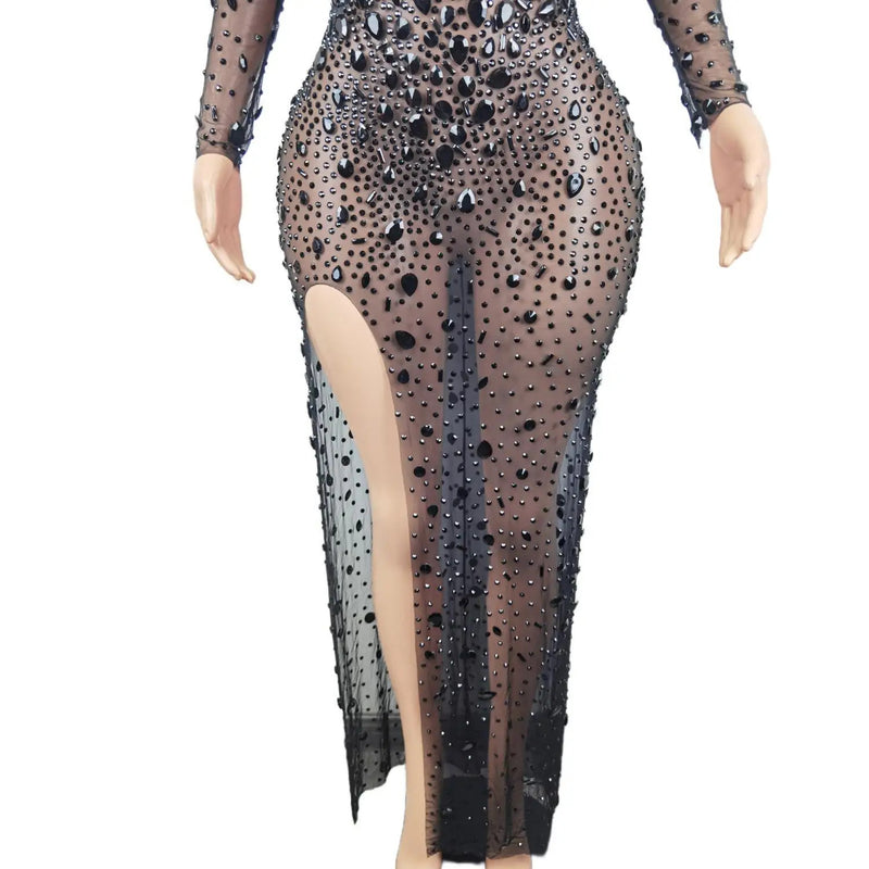 Luxury Sexy See Through Cocktail Gowns Sparkly Black Crystals Diamond African Women Long Prom Dresses for Birthday Party Cuican