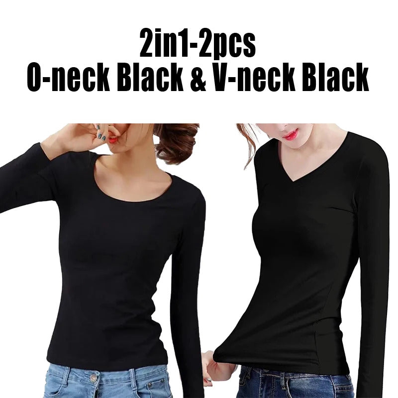 O Neck V Neck Long Sleeve Shirt Women Winter Bottoming Crop Tops Black Casual  Slim Basic Velvet Heating Fiber Thermal T-Shirts