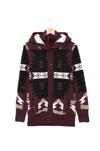 Wine Retro Jacquard Pattern Buttoned Front Hooded Sweater