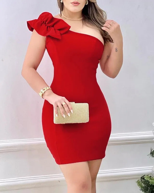 Summer Fashion Red Appliques Women Mini Party Dress Bodycon Elegant Ruffle Sexy One Shoulder Birthday Evening Club Outfits