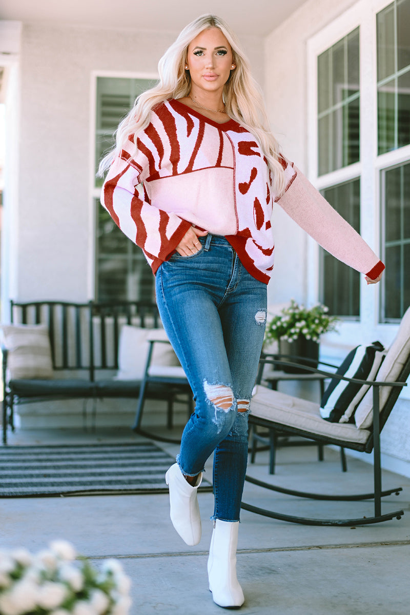 Red Mix Pattern Knit Ribbed Trim Oversize Sweater